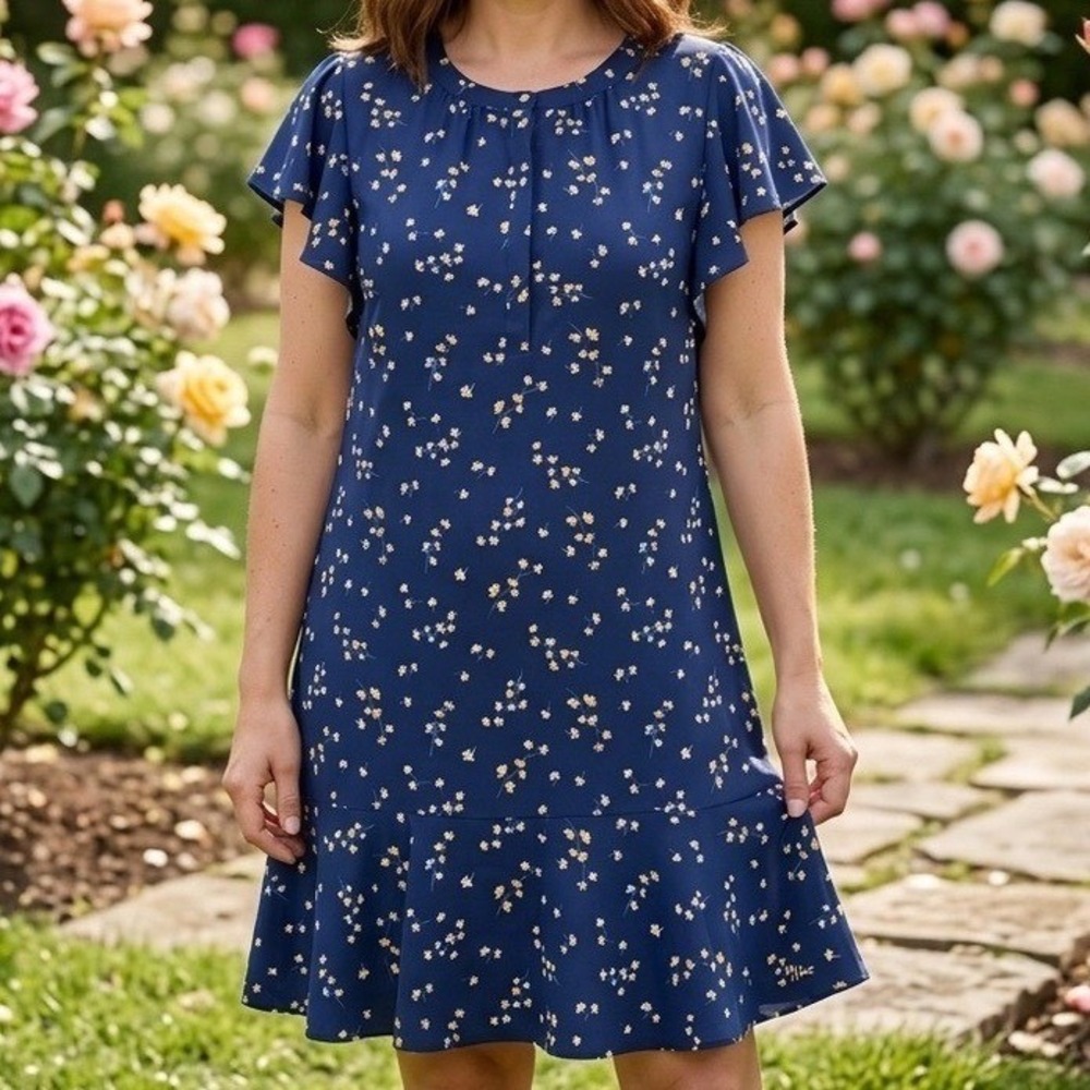 Tommy Hilfiger Floral Flutter Sleeve Ruffle Hem Autumn Wedding Guest Navy Blue M